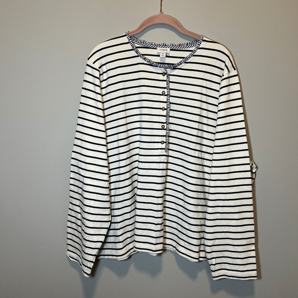 J. Crew Women's Navy White Striped Ruffle Collar Henley Long Sleeve Cotton 3X
